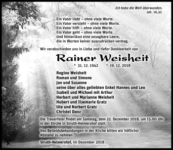 Traueranzeige von Rainer Weisheit von Südthüringer Presse