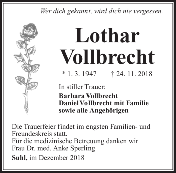 Traueranzeige von Lothar Vollbrecht von Südthüringer Presse