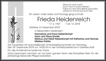 Traueranzeige von Frieda Heidenreich von Frankenpost