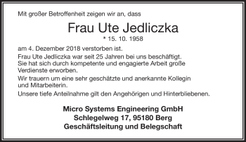 Traueranzeige von Ute Jedliczka von Frankenpost