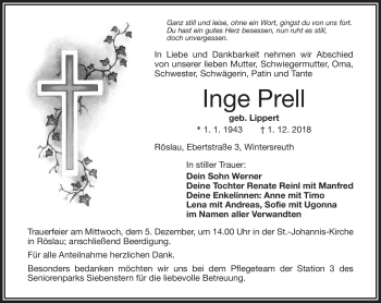 Traueranzeige von Inge Prell von Frankenpost