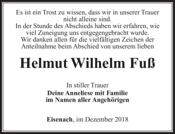 Traueranzeige von Helmut Wilhelm Fuß von Südthüringer Presse