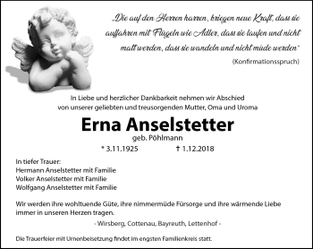 Traueranzeige von Erna Anselstetter von Frankenpost