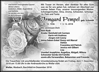 Traueranzeige von Irmgard Pempel von Südthüringer Presse