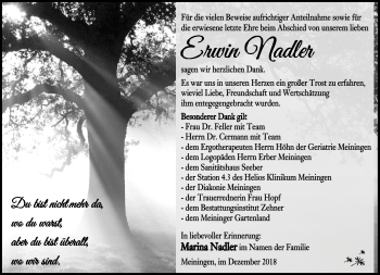 Traueranzeige von Erwin Nadler von Südthüringer Presse