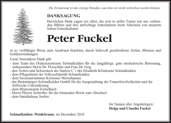 Traueranzeige von Peter Fuckel von Südthüringer Presse