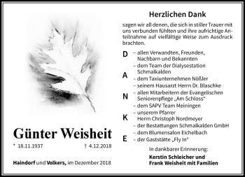 Traueranzeige von Günter Weisheit von Südthüringer Presse