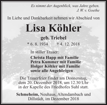 Traueranzeige von Lisa Köhler von Südthüringer Presse
