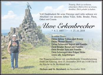 Traueranzeige von Uwe Erkenbrecher von Südthüringer Presse