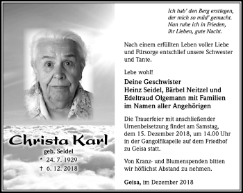 Traueranzeige von Christa Karl von Südthüringer Presse