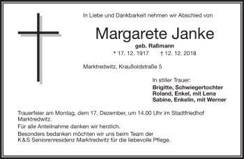 Traueranzeige von Margarete Janke von Frankenpost