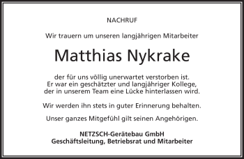 Traueranzeige von Matthias Nykrake von Frankenpost