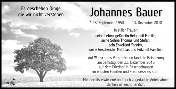 Traueranzeige von Johannes Bauer von Südthüringer Presse