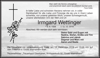 Traueranzeige von Irmgard Wettinger von Frankenpost
