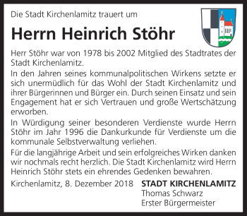Traueranzeige von Heinrich Stöhr von Frankenpost