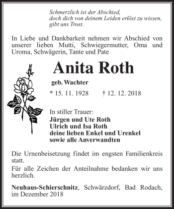 Traueranzeige von Anita Roth von Südthüringer Presse