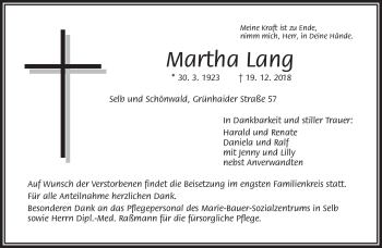 Traueranzeige von Martha Lang von Frankenpost