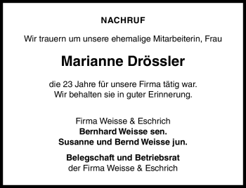 Traueranzeige von Marianne Drössler von Neue Presse Coburg