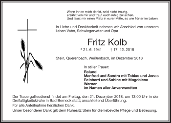 Traueranzeige von Fritz Kolb von Frankenpost
