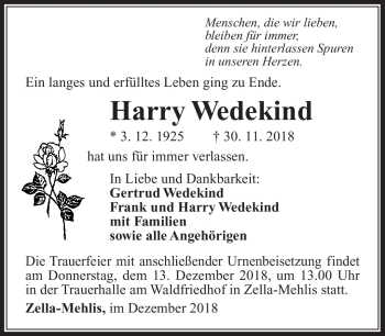 Traueranzeige von Harry Wedekind von Südthüringer Presse