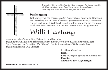 Traueranzeige von Willi Hartung von Südthüringer Presse