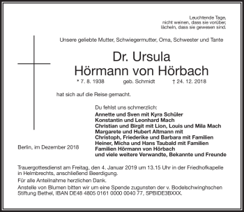 Traueranzeige von Ursula Hörmann von Hörbach von Frankenpost