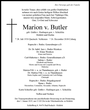 Traueranzeige von Marion von Butlar von Südthüringer Presse