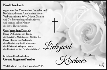 Traueranzeige von Liebgard Kirchner von Südthüringer Presse
