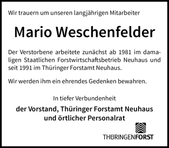 Traueranzeige von Mario Weschenfelder von Südthüringer Presse