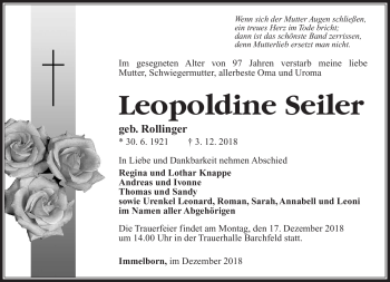 Traueranzeige von Leopoldine Seiler von Südthüringer Presse