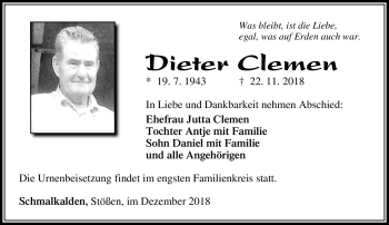 Traueranzeige von Dieter Clemen von Südthüringer Presse