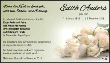 Traueranzeige von Edith Anders von Südthüringer Presse