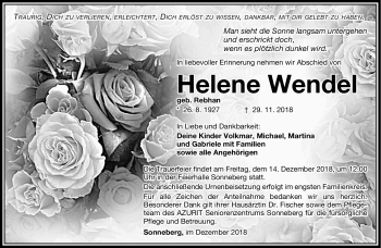 Traueranzeige von Helene Wendel von Südthüringer Presse