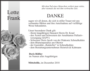 Traueranzeige von Lotte Frank von Südthüringer Presse