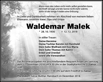 Traueranzeige von Waldemar Malek von Südthüringer Presse