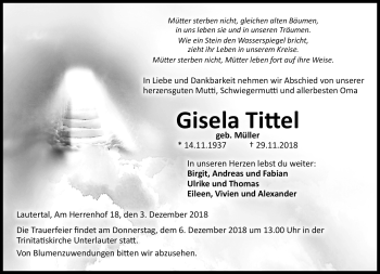 Traueranzeige von Gisela Tittel von Neue Presse Coburg