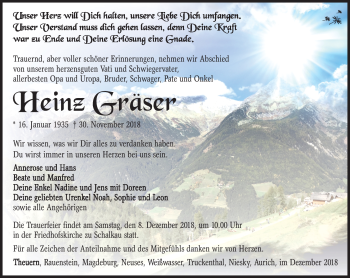 Traueranzeige von Heinz Gräser von Südthüringer Presse