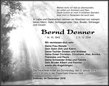 Traueranzeige von Bernd Denner von Südthüringer Presse