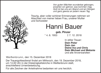 Traueranzeige von Hanni Bauer von Neue Presse Coburg