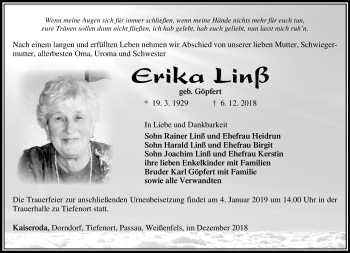Traueranzeige von Erika Linß von Südthüringer Presse