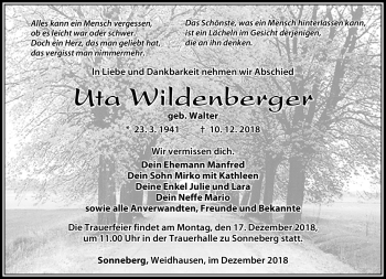 Traueranzeige von Uta Wildenberger von Südthüringer Presse