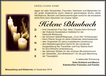 Traueranzeige von Helene Blaubach von Südthüringer Presse