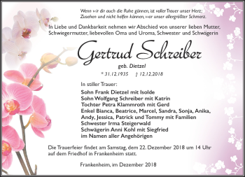 Traueranzeige von Gertrud Schreiber von Südthüringer Presse