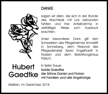 Traueranzeige von Hubert Gaedtke von Südthüringer Presse