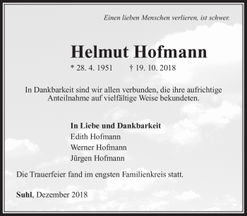 Traueranzeige von Helmut Hofmann von Südthüringer Presse
