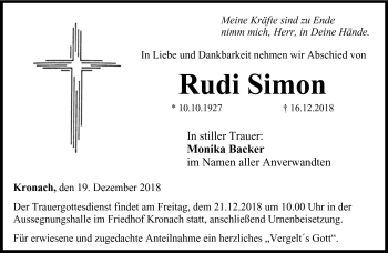 Traueranzeige von Rudi Simon von Neue Presse Coburg