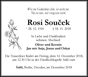 Traueranzeige von Rosi Soucek von Südthüringer Presse