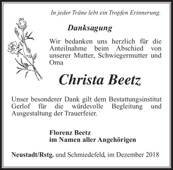 Traueranzeige von Christa Beetz von Südthüringer Presse