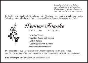 Traueranzeige von Werner Franke von Südthüringer Presse