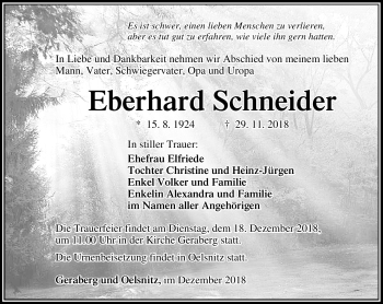 Traueranzeige von Eberhard Schneider von Südthüringer Presse